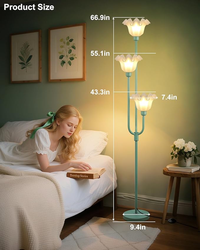 Lightdot Flower Floor Lamp 3-Lights Rustic Floor Lamps with 3000K Warm White Bulbs for Wedding Party Modern Tall Standing Lamp for Living Room/Bedroom-Grey Green
