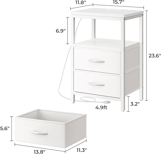 Huuger Nightstands Set of 2, End Tables with Charging Station, Side Tables with Fabric Drawers, Bedside Tables with USB Ports and Outlets, Night Stands, PU Leather, White