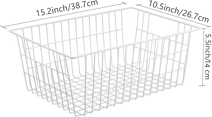 Redrubbit Wire Storage Baskets, Large Farmhouse Metal Freezer Basket Storage Organizer Bins with Handles for Kitchen Cabinets, Pantry, Closets, Bedrooms, Bathrooms, Set of 4, White