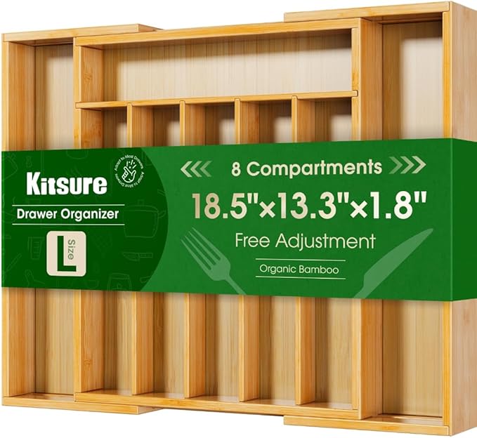 Kitsure Large Thickened Silverware Organizer - Expandable Bamboo Kitchen Drawer Organizer for Cooking Utensils and Cutlery, Sturdy Kitchen Organizers and Storage Solution, 18.5"×13.3"×1.8"