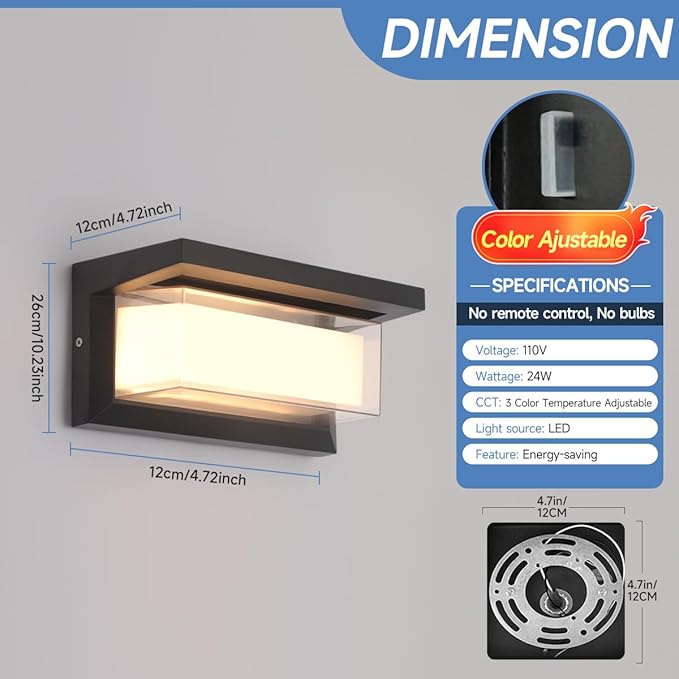 Outdoor Modern Wall Sconce Lights,Dimmable Indoor Wall Light Fixtures,3 Color 3000K/4000K/6500K Adjustable,24W Exterior Wall Lighting,Waterproof Outdoor Porch Light,2160LM Indoor Wall Sconce 1 Pack