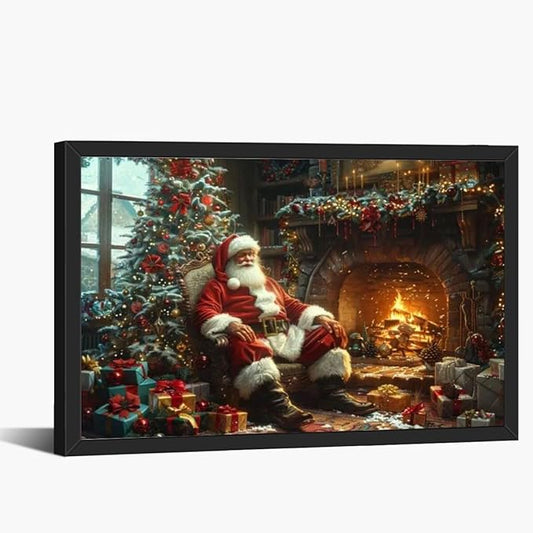 Vintage christmas wall art christmas tree gift canvas poster winter room holiday decor santa claus cozy fireplace decoration for living room bedroom black framed18x12inch