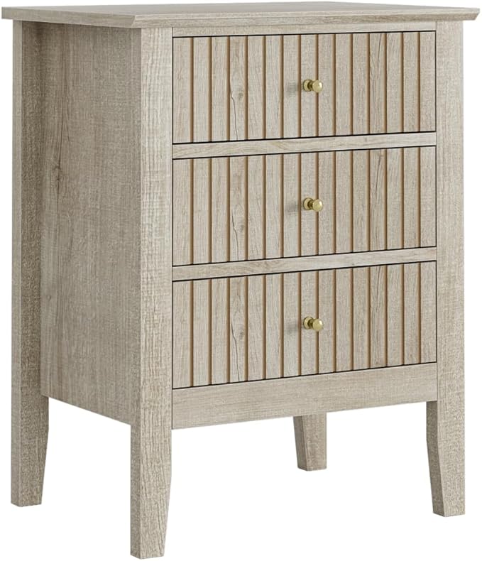 Night Stand, Fluted Nightstand Bedside Tall Farmhouse Nightstand with 3 Drawers, Mid Century Modern Side Accent Table,Bedside End Table for Bedroom, Living Room, Beige