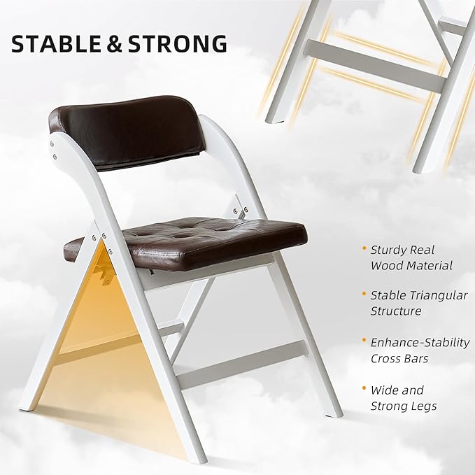 Padded Folding Chairs with Cushion, Stackable Wooden Foldable Chair Set of 2, Padded Folding Chairs with Cushion for Guests Kitchen, Office, Wedding, Picnic, Party Chair (White Brown)