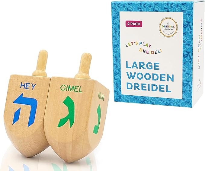Hanukkah Extra Large Wooden Dreidels Hand Painted, Includes Game Instruction Cards (2-Pack XL)