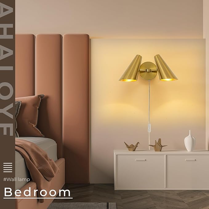 Gold 2-Light Plug in Wall Sconce, Modern Vanity Light Wall Lamp with Rotatable Lampshade Picture Light for Bedroom Living Room Bathroom Foyer