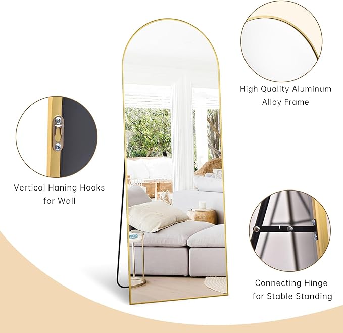 Arched Gold Full Length Mirror, 58"X18" Large Floor Mirrors with Stand for Leaning or Hanging, Full Body Mirrors for Living Room,Bedroom, Dressing Room, Aluminum Alloy Frame, Gold