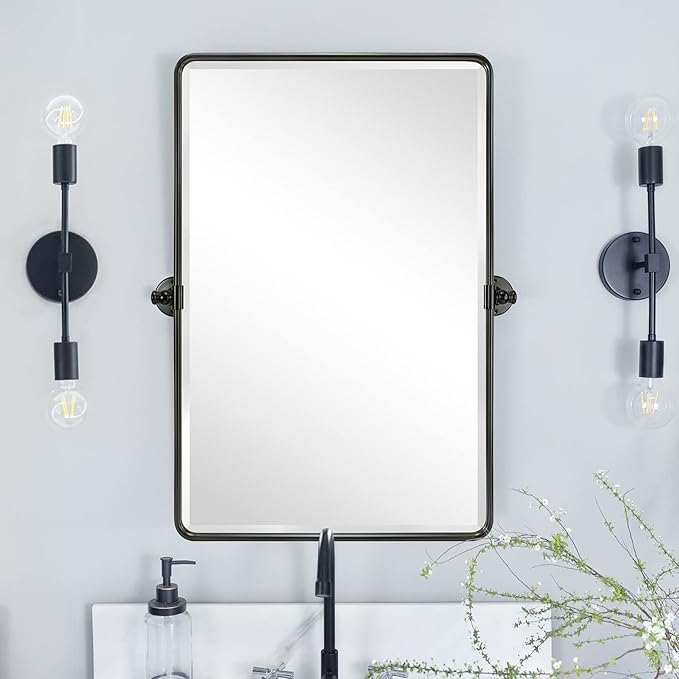 Farmhouse Pivot Rectangle Bathroom Mirror Oil Rubbed Bronze Metal Framed Tilting Beveled Vanity Mirrors for Wall, Overall 23.91 x 30 inches (Mirrror 20 x 30 inches)