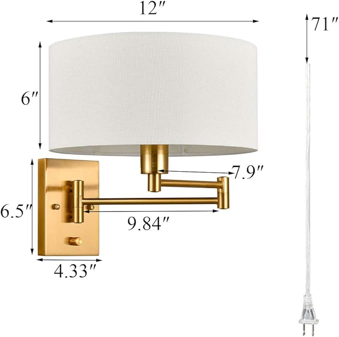 Gold Plug in Wall Sconces Set of Two Brass Swing Arm Wall Lamp Hardwired Wall Sconce with Switch for Bedroom Living Room