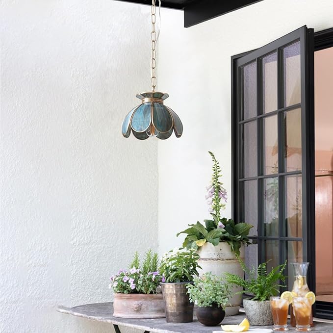 Yifi Mini Lotus Pendant Light Fixture, Vintage Brass Ceiling Pendant Lighting, Lotus Flower Glass Hanging Lamp for Kitchen Island, Dining Room, Living Room, Entryway, Shops, Mixing Blue Green