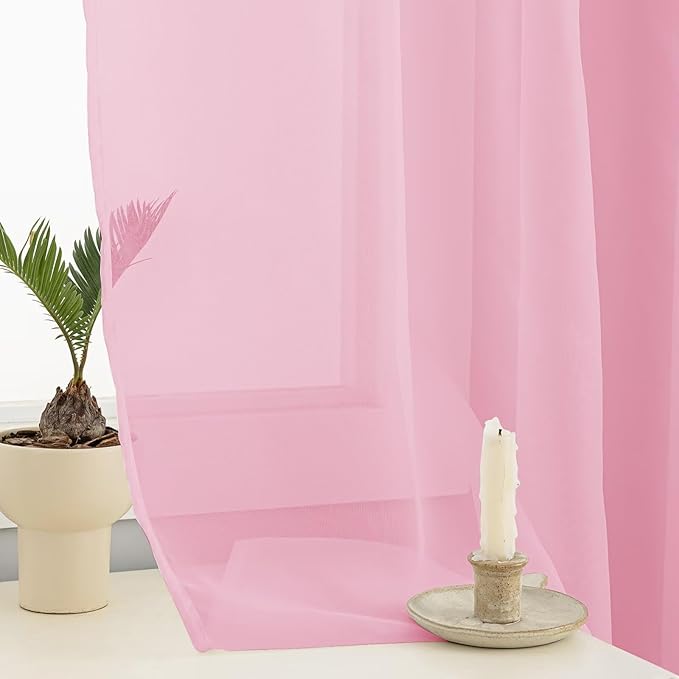 Sheer Curtains 84 Inches Long 2 Panels, Rod Pocket Short Curtain for Kitchen, Bedroom, Cafe Window(Pink 38" W x 84" L)