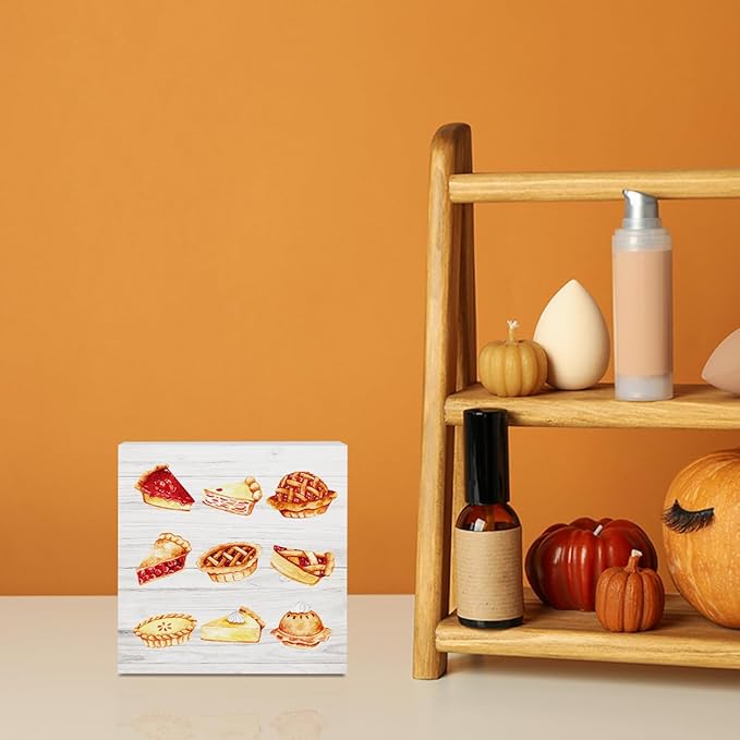 Thanksgiving Fall Decoration Baking Signs Office Bedroom Dining Room Decor Wooden Box Block Plaque Wood Products Sign for Desk Table Tabletop Decor 5 x 5 inches Tub2308