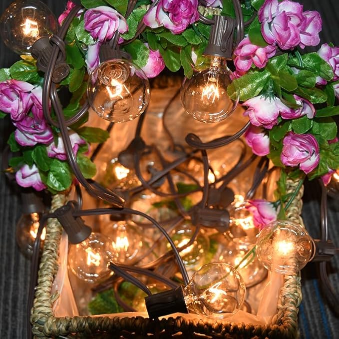 SUNSGNE 25Ft Globe String Lights G40 Outdoor Patio String Lights with 27 Clear G40 Bulbs, Natural Warm Bulb Hanging Umbrella Lights for Backyard Patio Garden Party Cafe Indoor Outdoor Decor-Brown