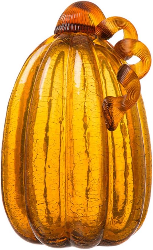 Glitzhome 9.06" Amber Hand Blown Crackle Glass Pumpkin for Fall Harvest Thanksgiving Halloween Decoration