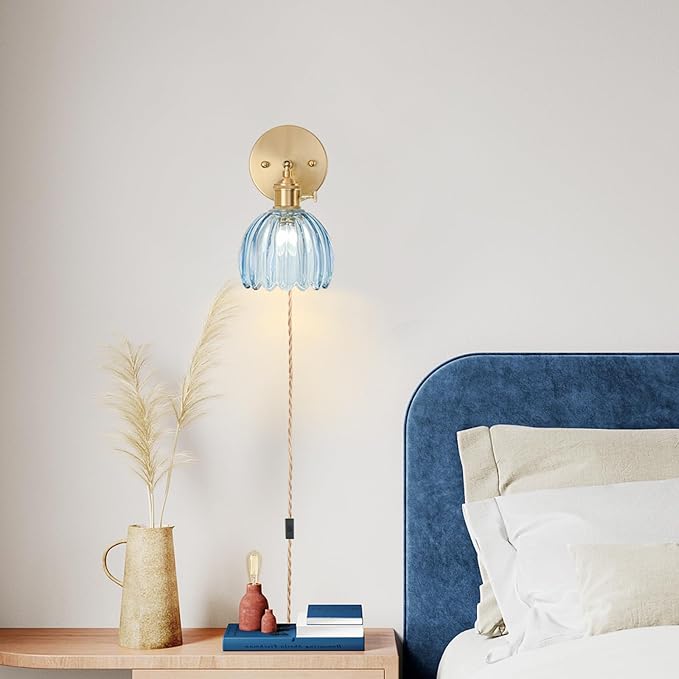 Plug in Wall Sconce, Vintage Sconce Light with Tulip Denim Blue Glass Lampshade, 180° Adjustable Wall Sconce with Switch and Plug in Wall Lamp Cord, Gold Wall Light for Bedroom Bedside