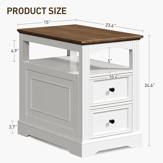 Farmhouse End Table with 2 Drawers, Narrow Sofa Side Table with Storage and Open Shelf, Wooden Nightstand for Small Spaces, Bedroom, Living Room, White and Walnut