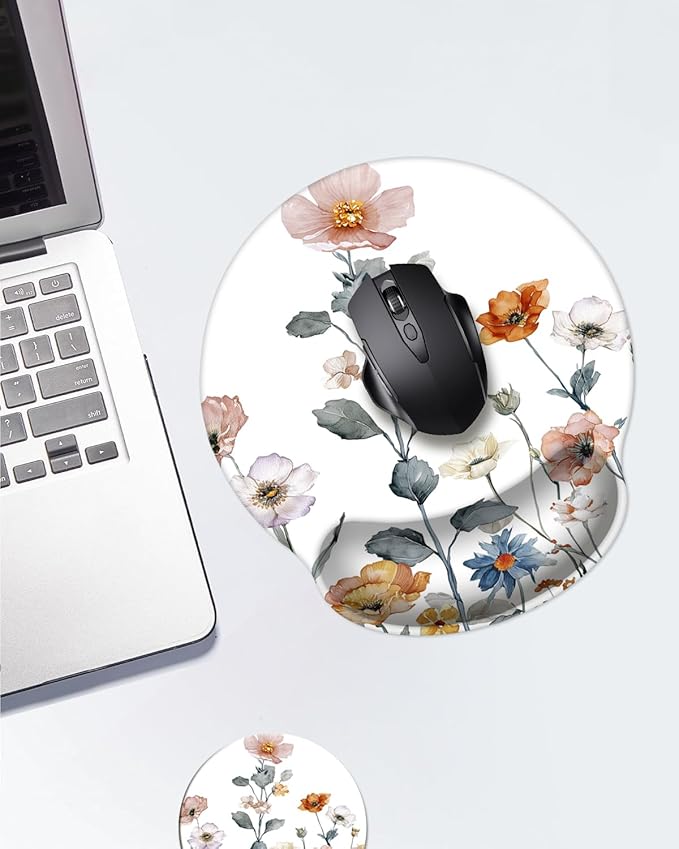 Mouse Pad with Wrist Support, Ergonomic Mouse Pad with Memory Foam Wrist Rest Cushion, Non-Slip Rubber Base Gaming Mice Pad for Home Office Computer Laptop,Cute Flowers