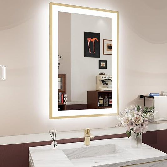 24x36 LED Bathroom Mirror Gold Frame, Front Light and Backlit Anti-Fog Dimmable Memory Lighted Vanity Mirror, Shatterproof Wall-Mounted Led Mirror for Bathroom(Horizontal/Vertical)