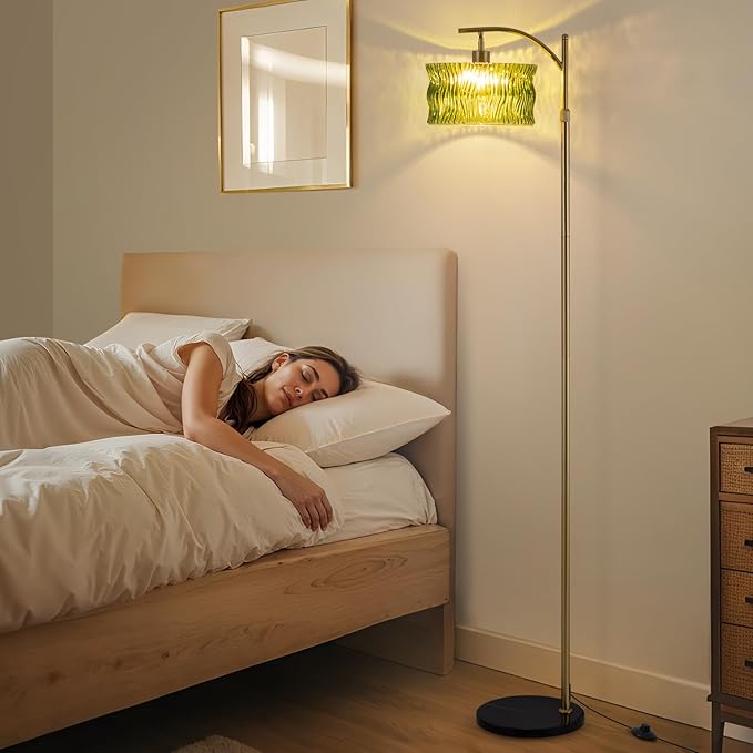 Glass Floor Lamp for Living Room, Modern Gold Standing Lamp with Remote Control & 3 Color Temperature, Green Floor Lamps with Glass Lampshade Dimmable Tall Floor Lamp for Bedroom Corner
