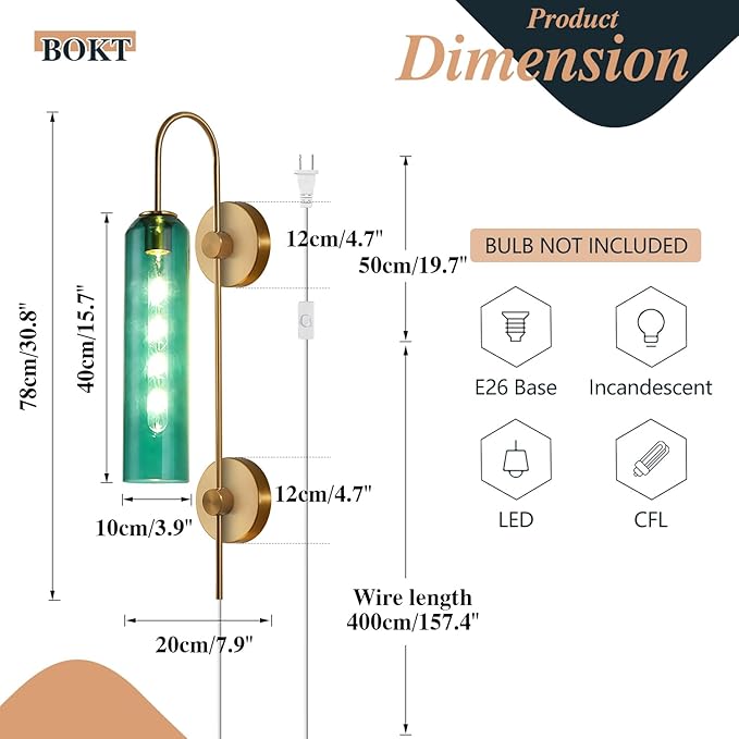 BOKT Modern Gold Plug in Wall Sconce Green Glass Bedside Wall Light Fixtures Plug in Cord Mid Century Long Metal Wall Sconce Single Bathroom Bar Wall Lamp (Green)