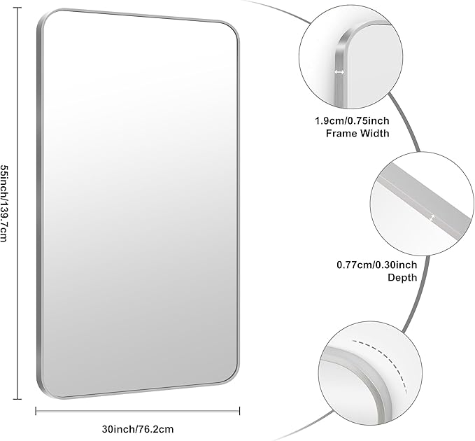 KOCUUY Silver Bathroom Mirror, 30 x 55 inch Metal Frame Mirror with Rounded Corner, Rectangle Design of Upgraded Shatterproof Glass for Bathroom, Bedroom, Living Room, Entryway