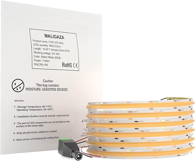DC 24V COB LED Strip Light 4000K Natural White Color 480LEDs/m 16.4FT/5M CRI>90 High Bright LED Tape Ribbon for Hotel Office Kitchen Bedroom Home Decor (DC24V, Without Power Supply)