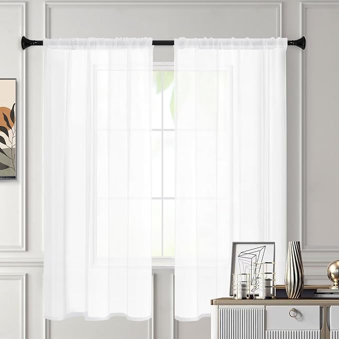 White Sheer Curtains 72 Inches Long 2 Panels, Rod Pocket Short Curtain for Kitchen, Bedroom, Cafe Window(White 38" W x 72" L)