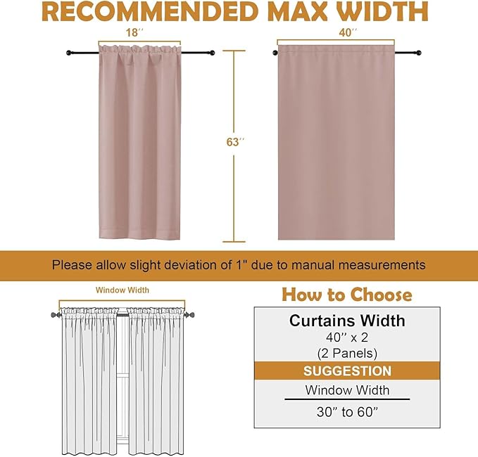Aiyufeng Blush Blackout Curtains for Bedroom 63 Inch Length 2 Panels Set, Nursery Thermal Insulated Energy Saving Rod Pocket Window Treatment Curtains Blackout Drapes, W40 x L63 Inch, Blush