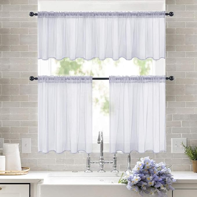 MIULEE 2 Panels Kitchen Tiers Half Window Sheer Curtains Rod Pocket Translucent Voile Drapes for Kitchen Bathroom Small Windows 29 by 36 Inch Greyish Lilac