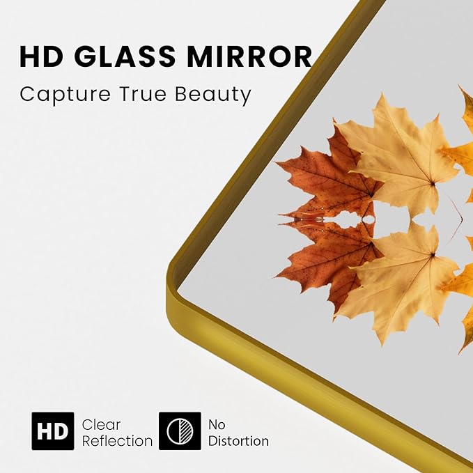 Gold Bathroom Mirror, 50x30 Inch Brushed Gold Metal Frame Mirror for Wall, Rounded Rectangle Bathroom Vanity Mirror, Tempered Glass, Anti-Rust, Horizontal/Vertical