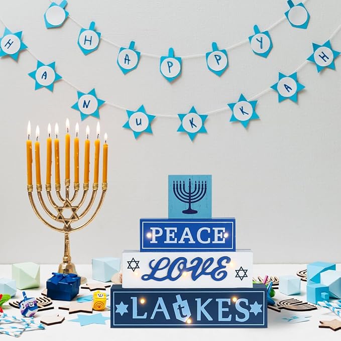 Hanukkah Decorations for Home, 4-Layered LED Wood Block with Dreidel Star of David Menorah Hanukkah Decor, Decorative Blue & White Jewish Judaism Chanukah Decor for Mantel Tabletop Party