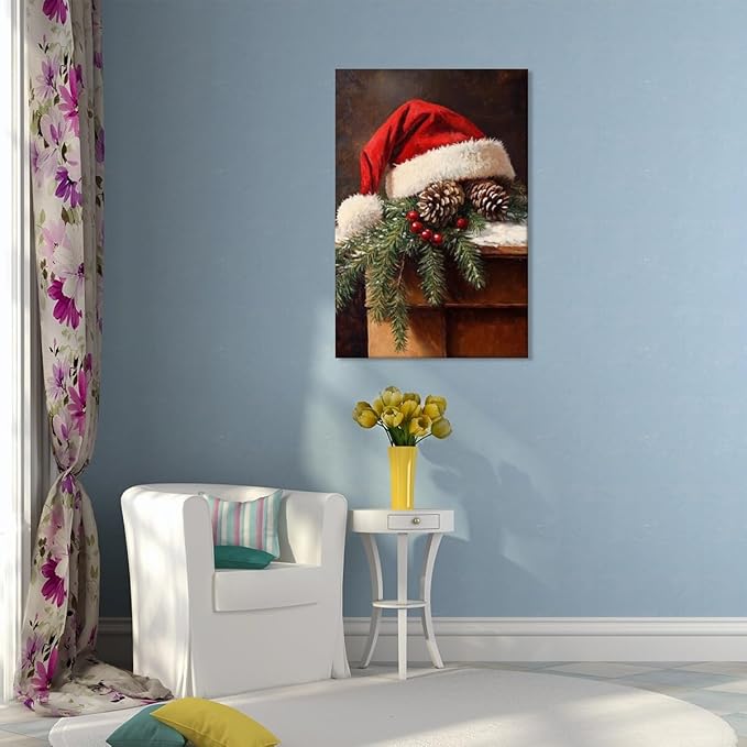 Vintage christmas wall art santa hat painting pine cone winter cottagecore canvas poster for christmas home decor bedroom living room Framed8x12inch