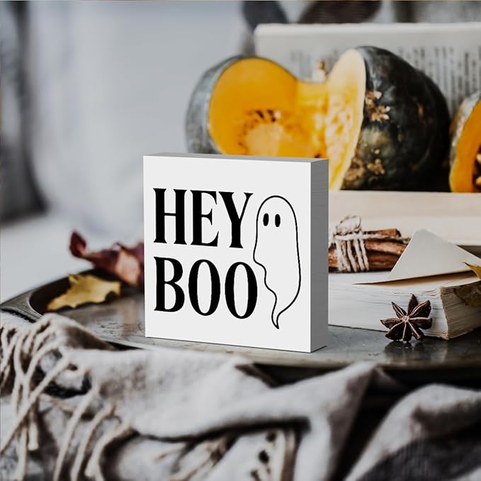 HTBIG Cute Ghost Halloween Hey Boo Wooden Box Sign Office Decor Room Decor, Suitable family room Computer Desk Dressing Table 5 x 5 Inch