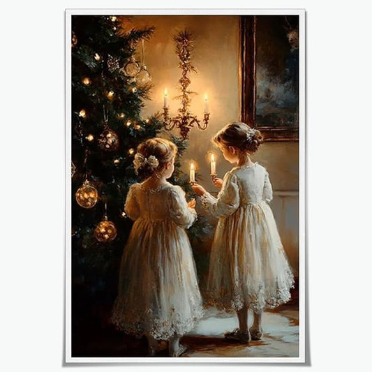 Vintage christmas wall art christmas tree wishing girl canvas poster winter room holiday decoration for farmhouse cabin living room bedroom Unframed12x16inch