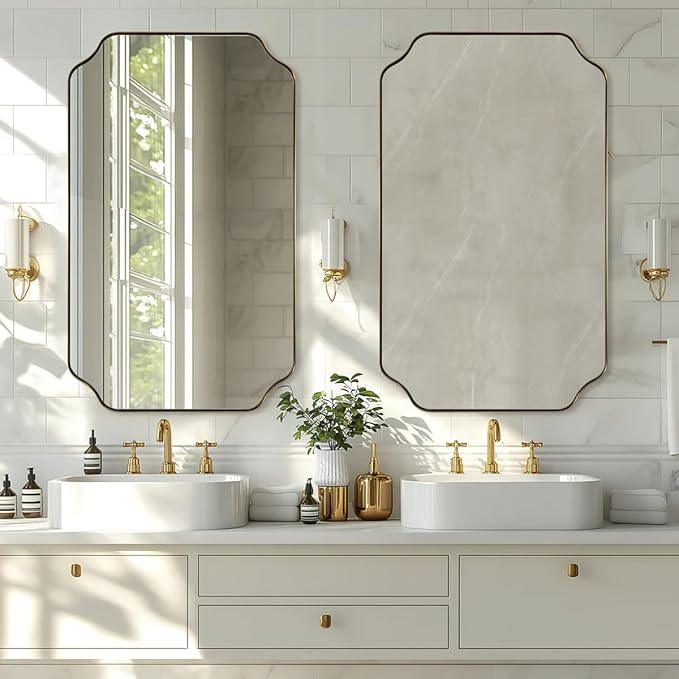 ANDY STAR 24"x40" Gold Mirror, Brushed Brass Scalloped Wall Mirror, Unique Rectangle Mirror, Bathroom Vanity Mirror in Anti-Rust Stainless Steel Metal Frame 1’’ Deep, Hangs Vertically/Horizontally