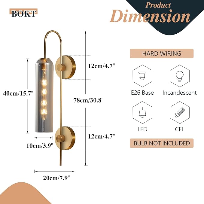BOKT Brushed Brass Gold Wall Mounted Sconce Mid Century Modern Smoke Gray Glass Wall Sconce Light Single Bathroom Bedroom Wall Lighting Fixtures for Living Room Hallway Kitchen Mirror (Smoke Gray)
