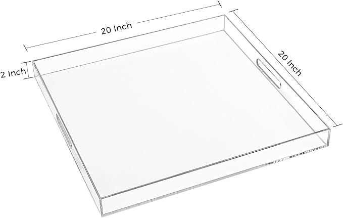 20×20 Inches Oversize Extra Large Sturdy Clear Acrylic Serving Tray King Size Decorative Big Ottoman Trays with Cut Out Handles Water Proof Bed Tray Coffee Counter Top Organizer