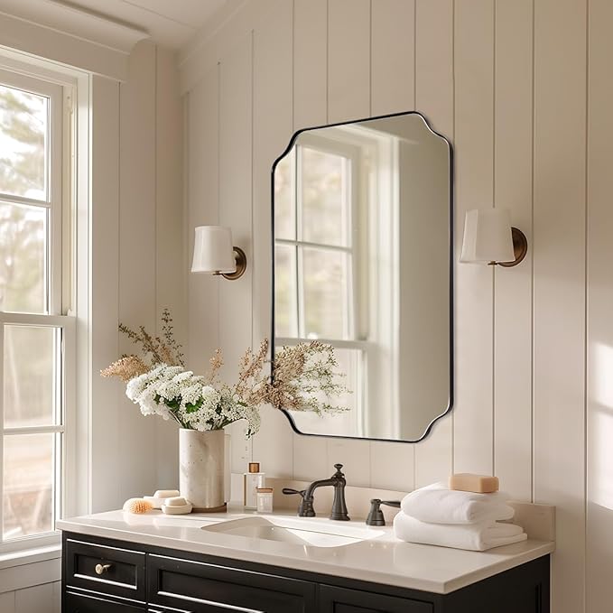Black Bathroom Mirrors for Wall, 24x36 Inch Black Scalloped Rectangle Mirror with Rounded Notched Corner in Stainless Steel Frame Wall Mounted Vertical or Horizontal Ideal for Home Decor