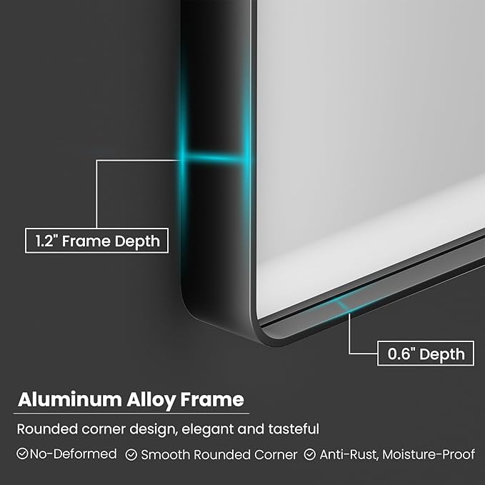 Black Bathroom Mirror 60X40 Inch, Black Metal Framed Mirror for Wall, Rounded Rectangle Matte Bathroom Vanity Mirror with Tempered Glass, Anti-Rust, Horizontal/Vertical