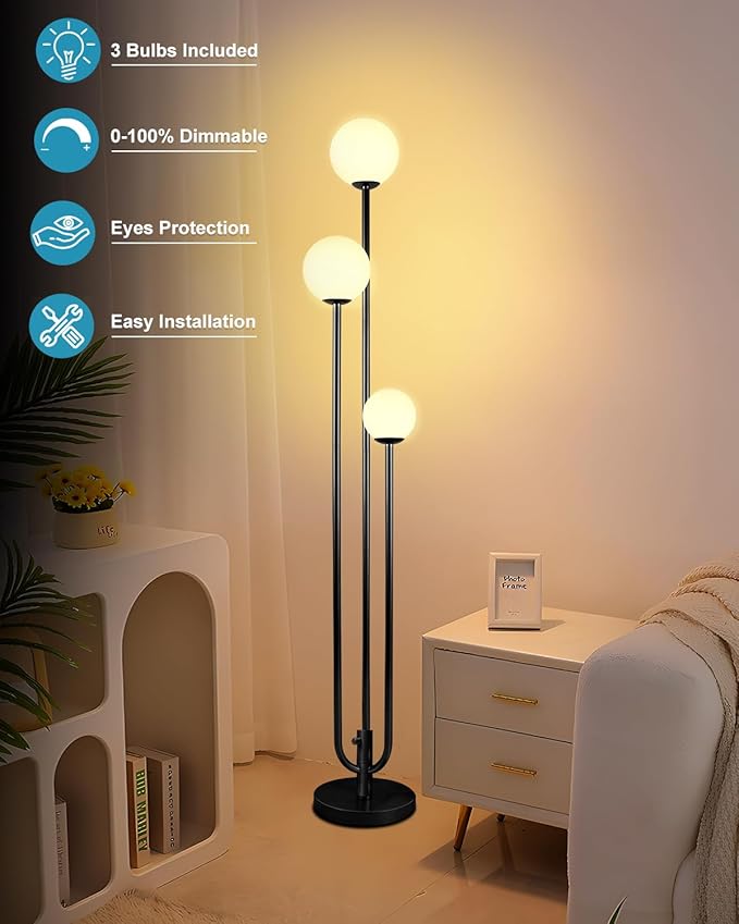 63IN 3-Light Dimmable Floor Lamp, Unique Candle Holder Style Black Tall Standing Lamps with 3000K G9 Bulbs for Reading, Mid Century Modern Floor Lamp for Living Room Bedroom Office