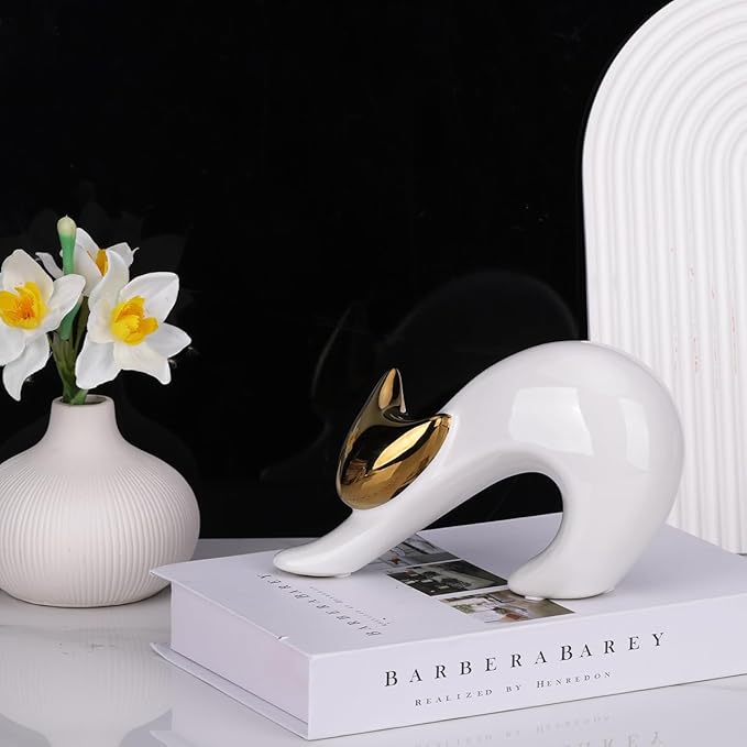 YUNSHID Abstract Elegant Yoga Cat Statue, White and Gold Decor, Minimalist Cat Figurine for Table Shelf Desk Entryway Mantle Decor, 4.75'in