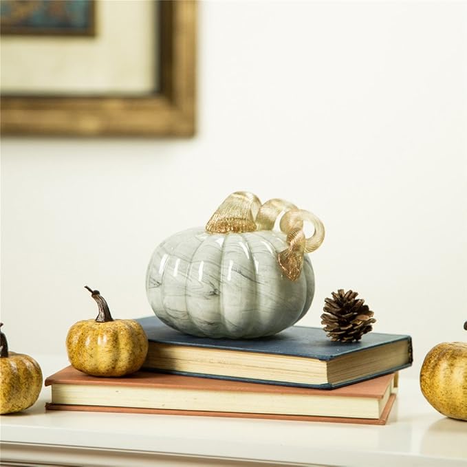 Glitzhome Hand Blown Glass Pumpkin Table Accent for Home Decor Fall Harvest for Mother Gray Marble 4.13" H