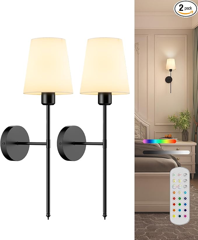 Battery Operated Wall Sconce Set of 2,Rechargeable Wall Lights with Dimmable Detachable Bulbs and Remote,15 Colors Wireless Wall Lamps for Bedroom Living Room Hallway,Black(2 Pack)