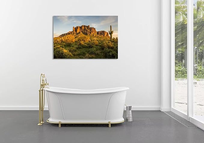 Sunset at Superstition Mountain Wall Art for Living Room Bedroom Bathroom Home Decorations USA AZ Cactus Picture Poster Canvas Prints Framed Ready to Hang(24''H x 36''W)