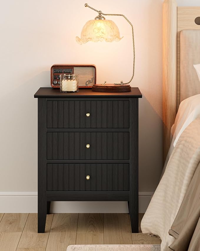 Fluted Nightstand, Farmhouse Night Stand with 3 Drawers, Mid Century Modern Side Accent Table,Bedside End Table for Bedroom, Living Room, Black