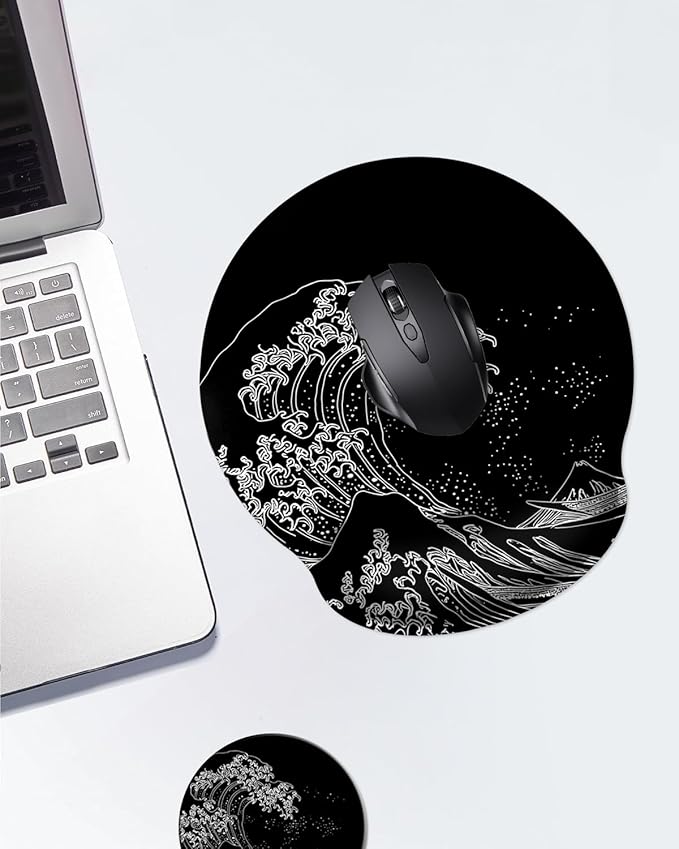 Mouse Pad with Wrist Support, Ergonomic Mouse Pad with Memory Foam Wrist Rest Cushion, Non-Slip Rubber Base Gaming Mice Pad for Home Office Computer Laptop,Japanese Wave