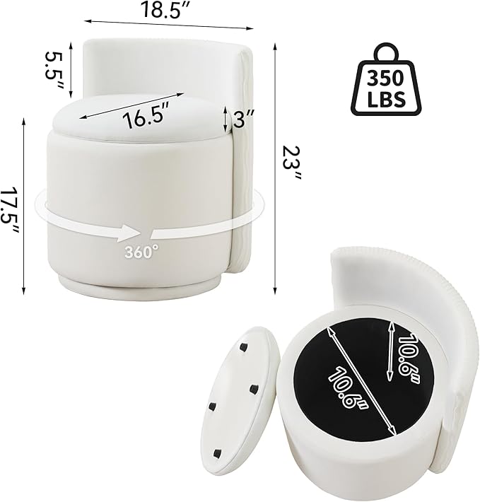 Velvet Vanity Chair with Storage, 360° Swivel Makeup Chair with Wave Back, No Assembly Small Accent Stool for Bedroom, Dressing, Living Room, White