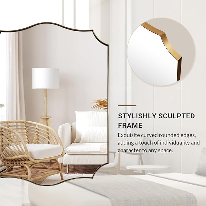 ANDY STAR 30"x40" Brushed Gold Bathroom Mirror, Large Rectangle Scalloped Mirror, Antique Brass Mirror in Rust-Proof Stainless Steel 1" Frame, Unique Wavy Design, Ideal for Home Remodel