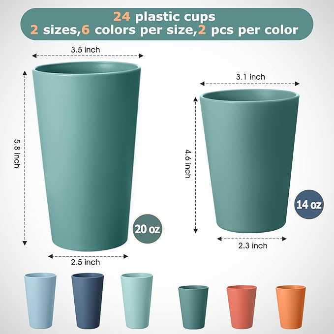 24 Pcs Unbreakable Plastic Cups Set, 12 Pcs 14 oz and 12 Pcs 20 oz Reusable Plastic Cups, Stackable Water Tumblers, Drinking Cup for Kitchen, BPA-free, Dishwasher and Microwave Safe, 6 Colors