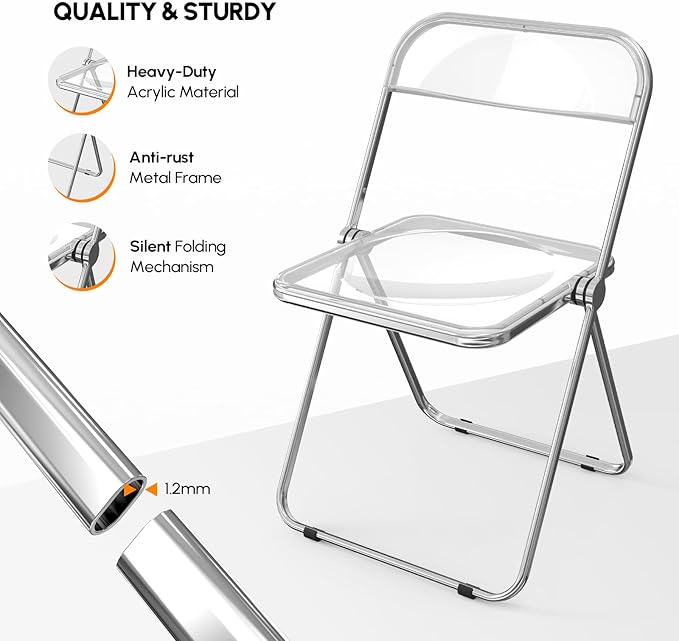 VINGLI Acrylic Folding Chairs 4 Pack, Clear Chair Foldable and Stackable, Transparent